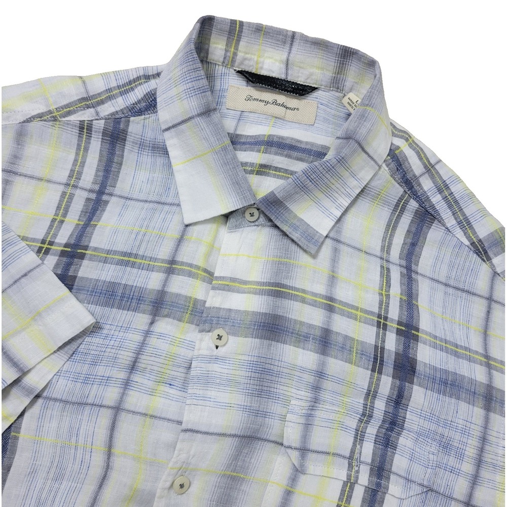 Tommy Bahama Mens Large White Gray Yellow Plaid Button Up 100% Linen SS